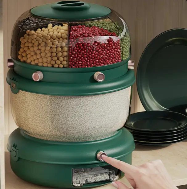 Cereal Dispenser - Double Layer 360 Rotating 6-Compartment Upper 5kg Lower Green Kitchen & Dining Food Storage Containers