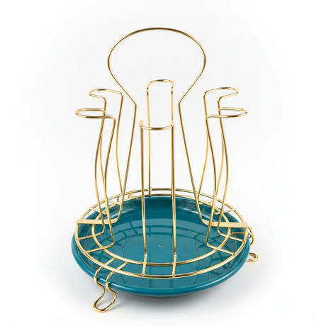 Glass Holder - Steel 6-Slot Drying Rack with Drip Tray Gold Teal Kitchen & Dining Dish Racks
