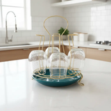 Glass Holder - Steel 6-Slot Drying Rack with Drip Tray Gold Teal Kitchen & Dining Dish Racks