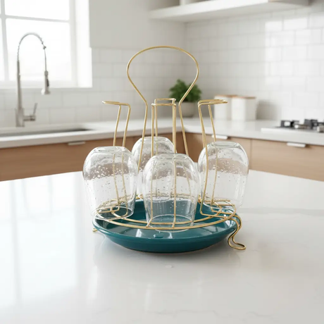 Glass Holder - Steel 6-Slot Drying Rack with Drip Tray Gold Teal Kitchen & Dining Dish Racks