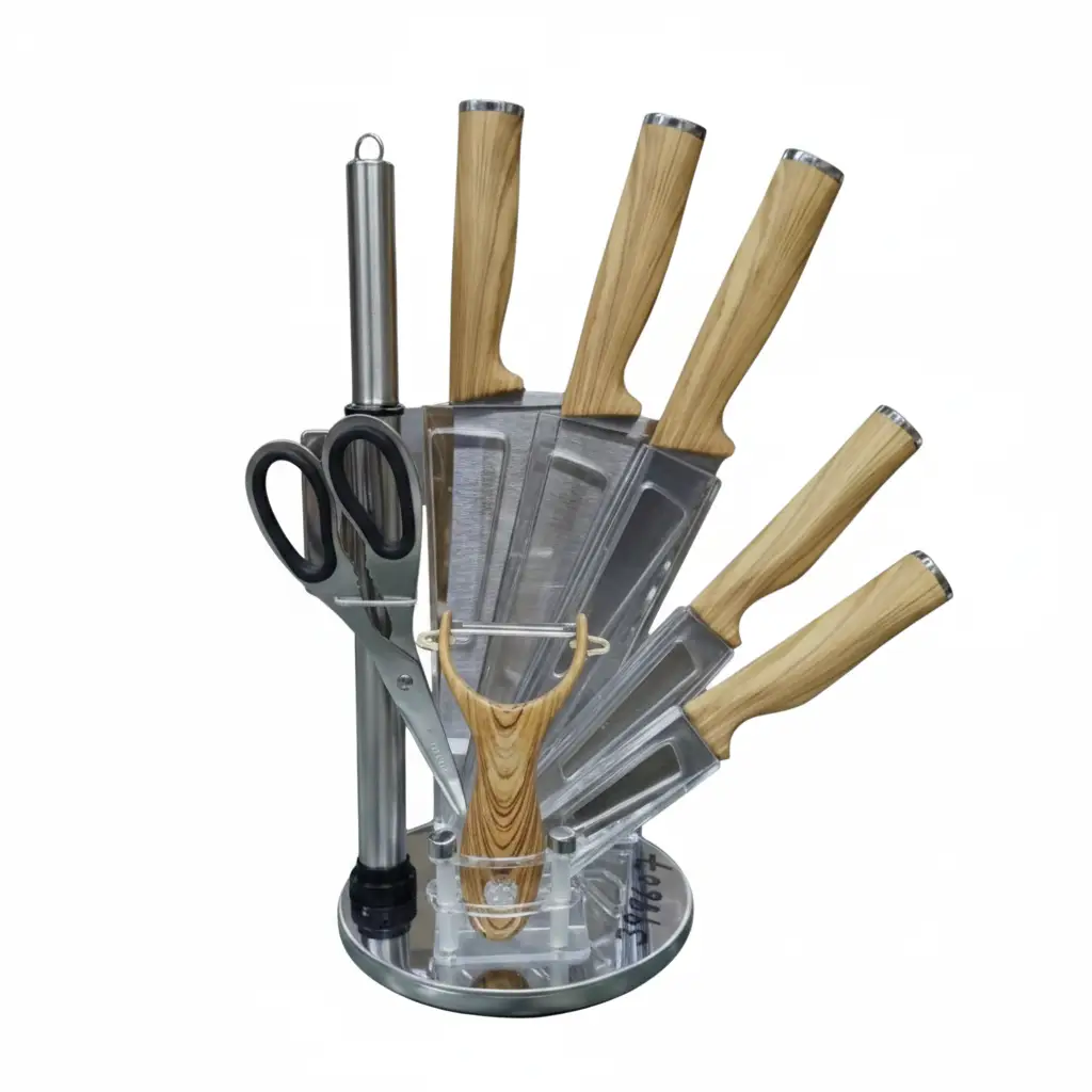 Nine Piece Stainless Steel Knife Set With Wood Handles And Rotating Stand Kitchen & Dining Knife Sets
