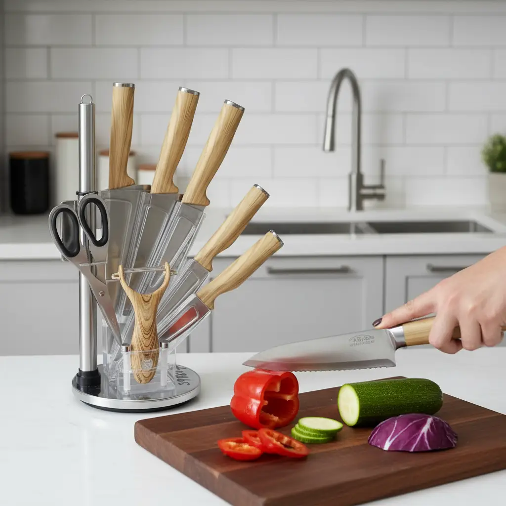 Nine Piece Stainless Steel Knife Set With Wood Handles And Rotating Stand Kitchen & Dining Knife Sets