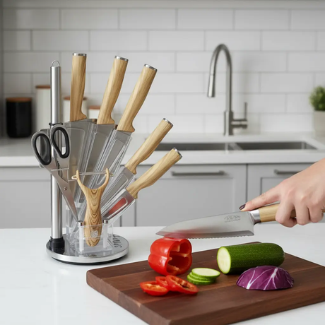 Nine Piece Stainless Steel Knife Set With Wood Handles And Rotating Stand Kitchen & Dining Knife Sets