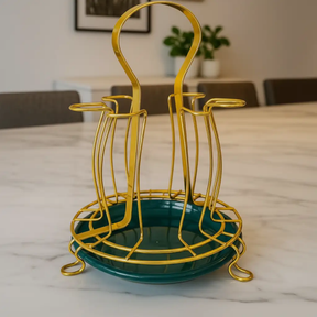 Glass Holder - Steel 6-Slot Drying Rack with Drip Tray Gold Teal Kitchen & Dining Dish Racks