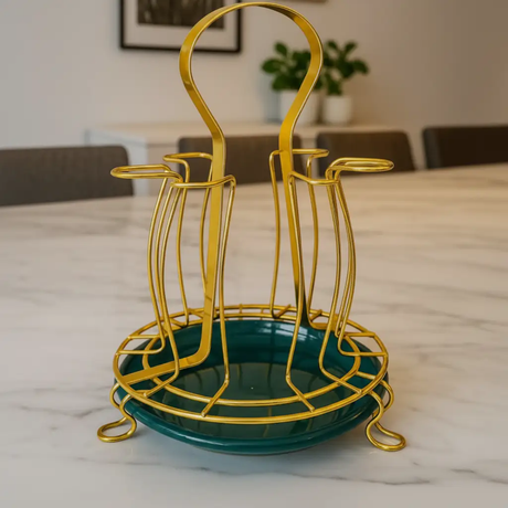 Glass Holder - Steel 6-Slot Drying Rack with Drip Tray Gold Teal Kitchen & Dining Dish Racks