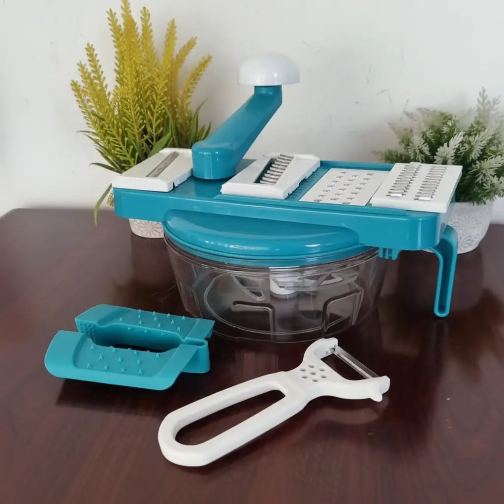 Food Processor - 2-in-1 Manual Chopper Grater with 4 Blades and Peeler Teal White Kitchen & Dining Food Processors