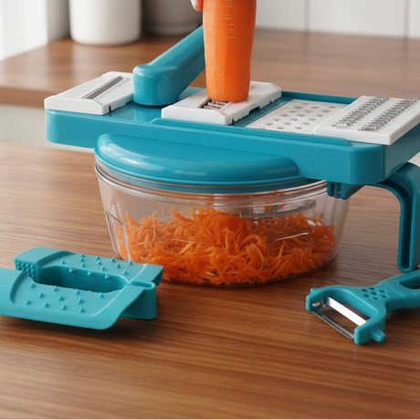 Food Processor - 2-in-1 Manual Chopper Grater with 4 Blades and Peeler Teal White Kitchen & Dining Food Processors