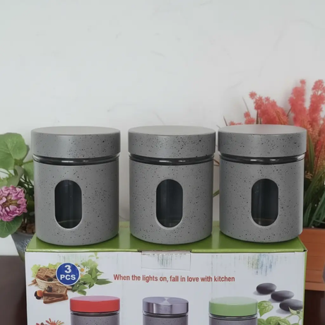 Canister Set - 3-Piece Glass 450ml with Speckled Metal Lid and View Window Kitchen & Dining Food Storage Containers