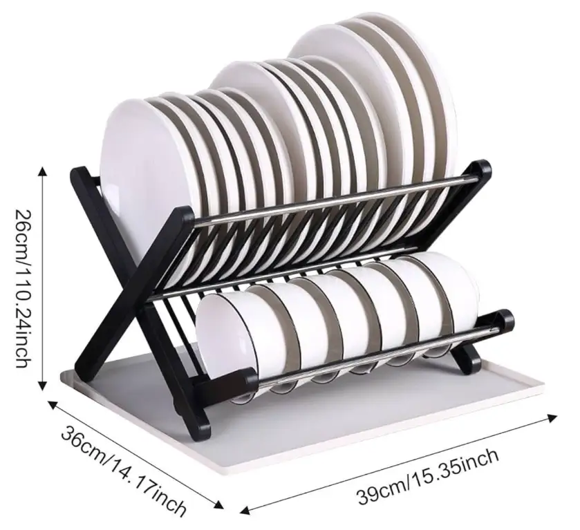 Dish Rack - X-Shape Foldable 2-Tier Drainer with Drip Tray Kitchen & Dining Dish Racks