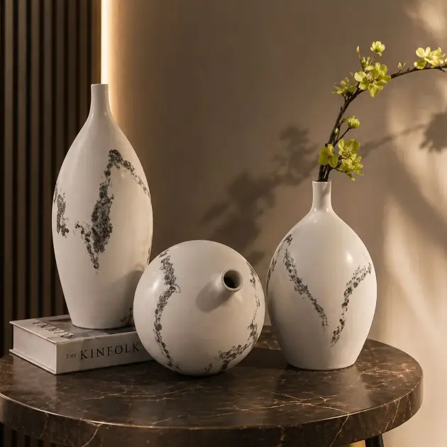 Vase Set - Small Neck Glossy Wave Ceramic 3-Piece Home & Garden Vases