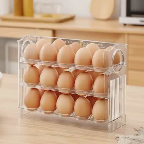Egg Tray - 3-Tier Flip Stackable Fridge Organiser 30-Egg Clear Kitchen & Dining Egg Cups
