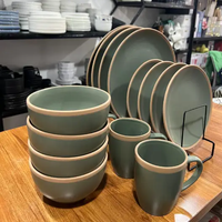 Dinner Set - 16-Piece Matte Green with Brown Rim Ceramic 4 Plates Bowls Mugs Kitchen & Dining Dinnerware Sets
