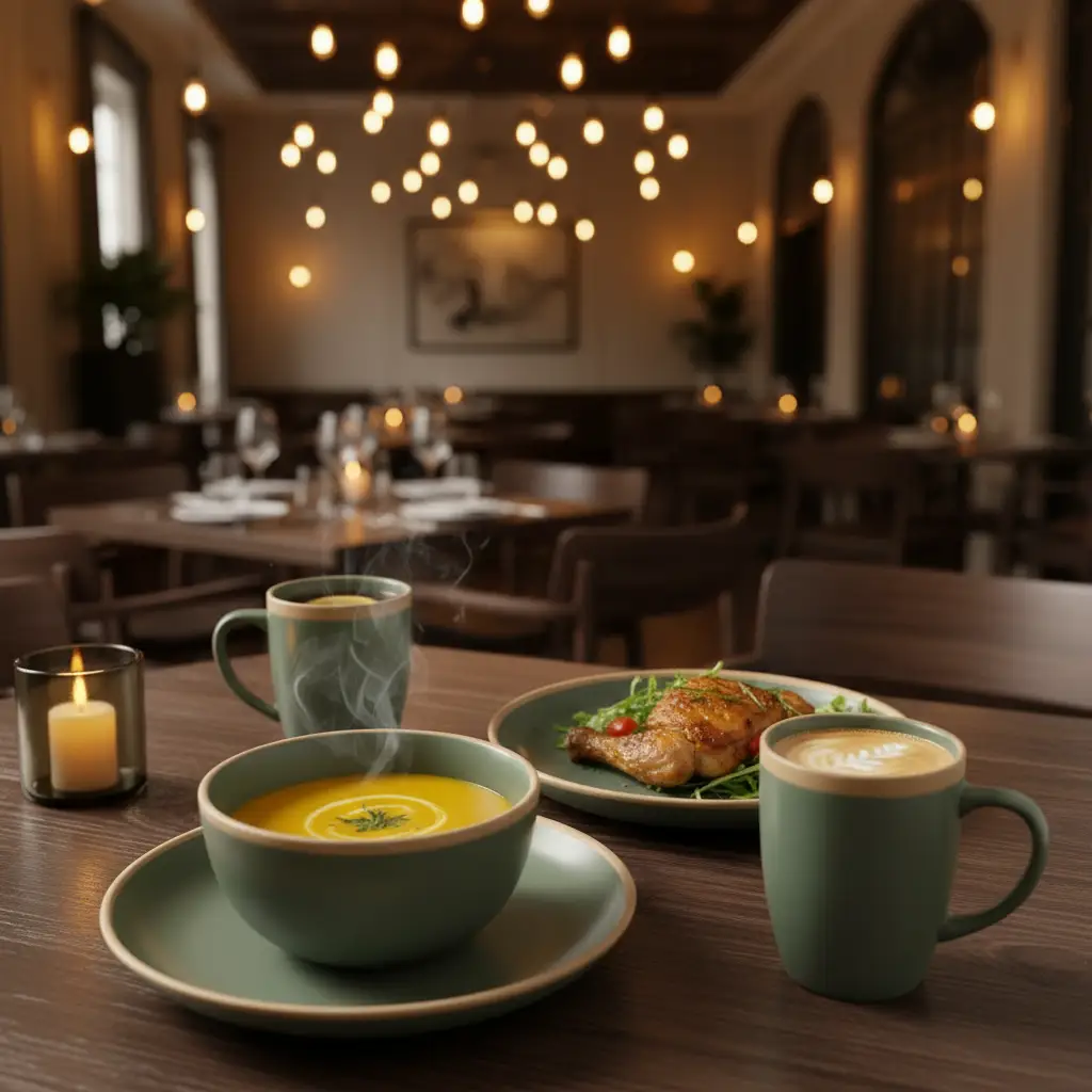 Dinner Set - 16-Piece Matte Green with Brown Rim Ceramic 4 Plates Bowls Mugs Kitchen & Dining Dinnerware Sets