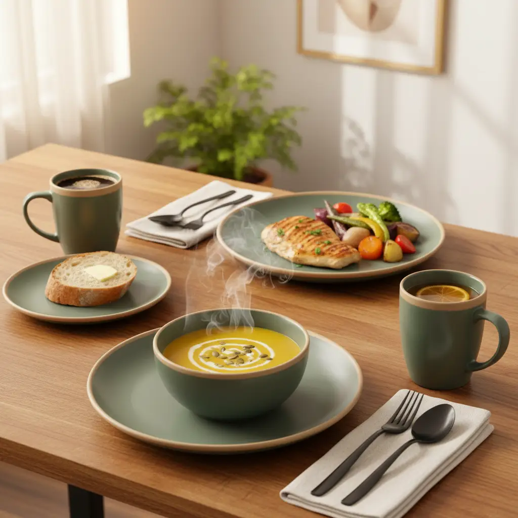 Dinner Set - 16-Piece Matte Green with Brown Rim Ceramic 4 Plates Bowls Mugs Kitchen & Dining Dinnerware Sets