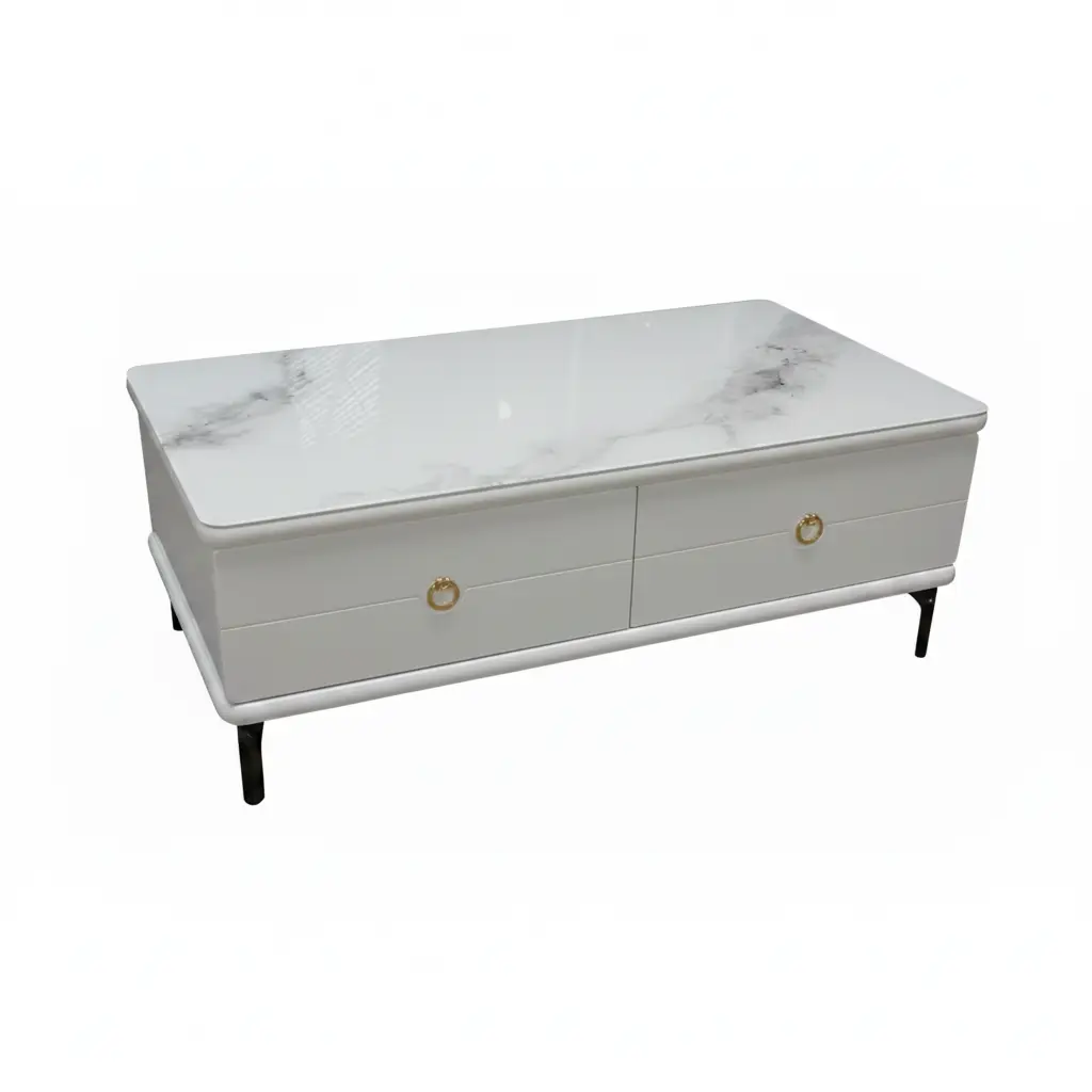 Coffee Table - Marble Top 2-Drawer with Gold Ring Handles and Black Metal Legs White Furniture Coffee Tables