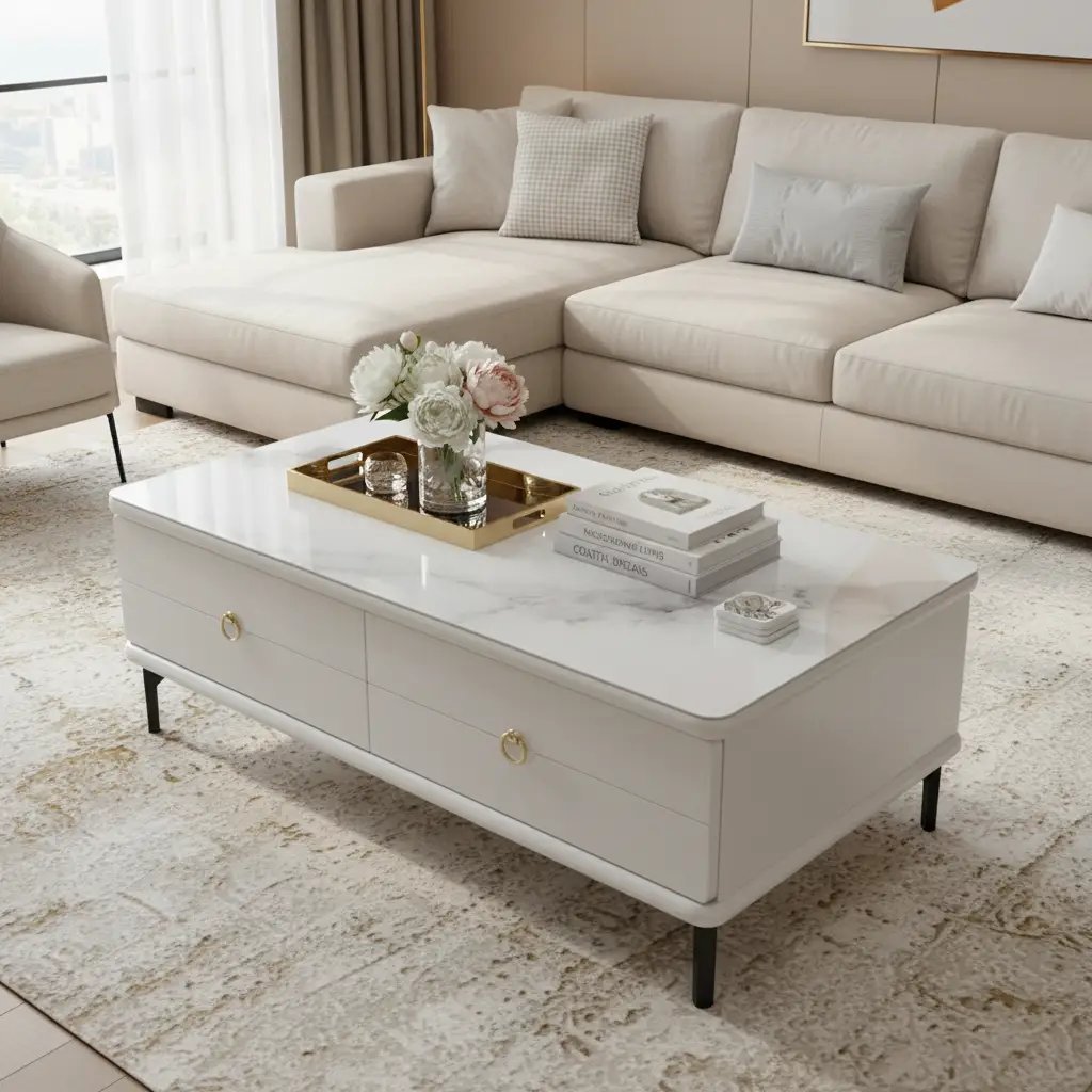 Coffee Table - Marble Top 2-Drawer with Gold Ring Handles and Black Metal Legs White Furniture Coffee Tables
