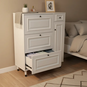 Shoe Cabinet - 3-Drawer Flip-Door with Side Door and Black Handles White Furniture Shoe Cabinets