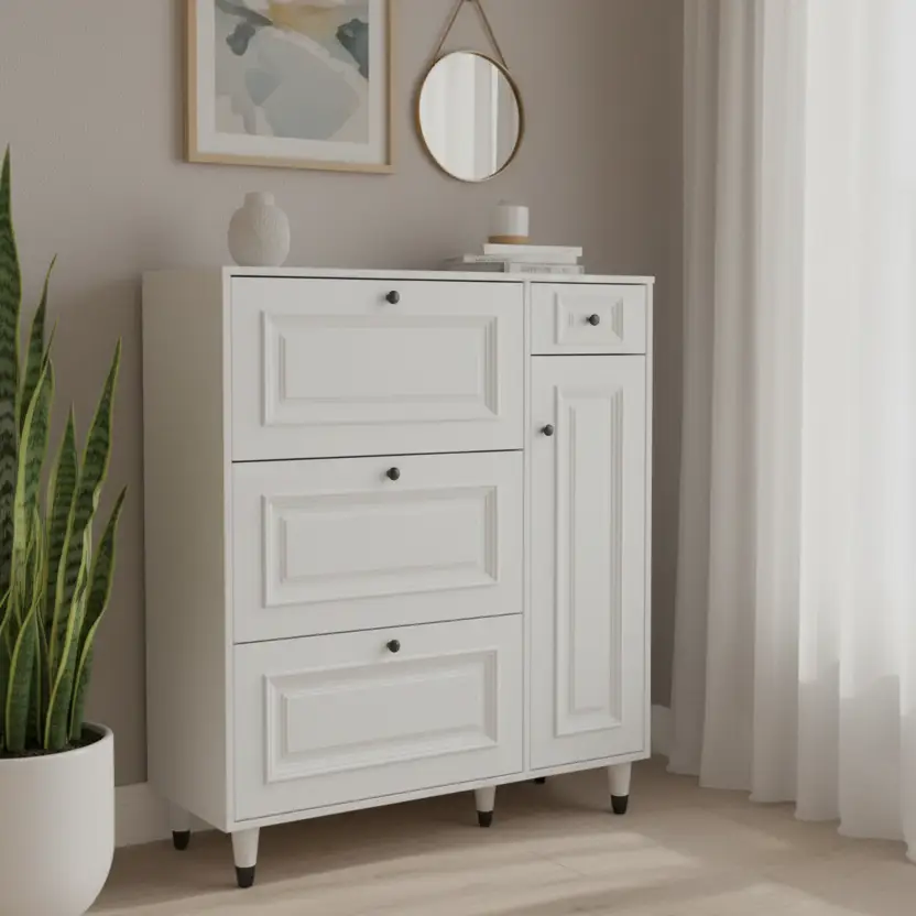 Shoe Cabinet - 3-Drawer Flip-Door with Side Door and Black Handles White Furniture Shoe Cabinets