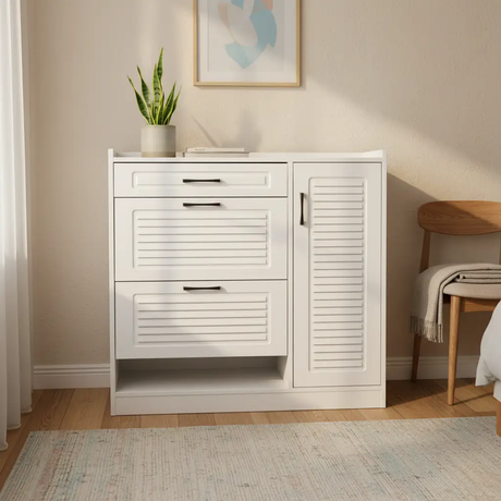 Shoe Cabinet - 3-Drawer Louvre Panel with Side Door and Black Bar Handles White Furniture Storage Cabinets & Lockers