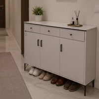 Shoe Cabinet - 3-Door 3-Drawer with Ribbed Top Drawers and Black Bar Handles Furniture Storage Cabinets & Lockers
