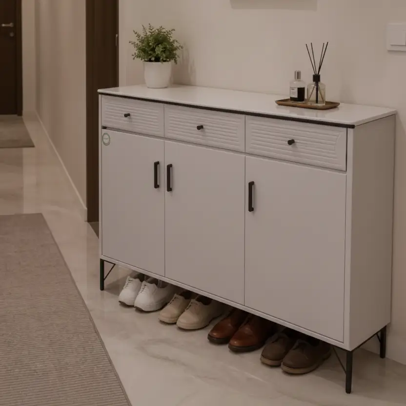 Shoe Cabinet - 3-Door 3-Drawer with Ribbed Top Drawers and Black Bar Handles Furniture Storage Cabinets & Lockers