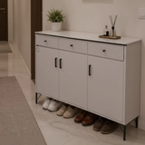 Shoe Cabinet - 3-Door 3-Drawer with Ribbed Top Drawers and Black Bar Handles Furniture Storage Cabinets & Lockers