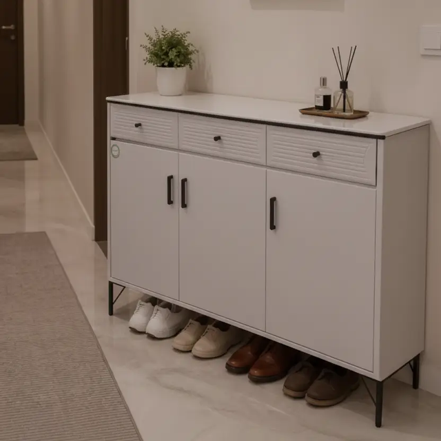 Shoe Cabinet - 3-Door 3-Drawer with Ribbed Top Drawers and Black Bar Handles Furniture Storage Cabinets & Lockers