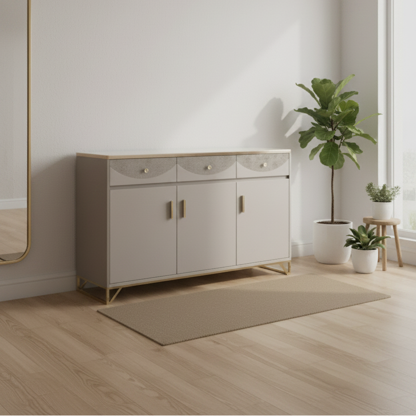 Shoe Cabinet - 3-Door 3-Drawer Scallop Arc Panel with Gold Handles and Marble Top Furniture Storage Cabinets & Lockers