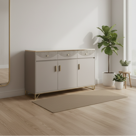 Shoe Cabinet - 3-Door 3-Drawer Scallop Arc Panel with Gold Handles and Marble Top Furniture Storage Cabinets & Lockers