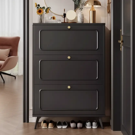 Shoe Cabinet - 3-Drawer Flip-Door with Rounded Corners and Gold Oval Handles Furniture Shoe Cabinets