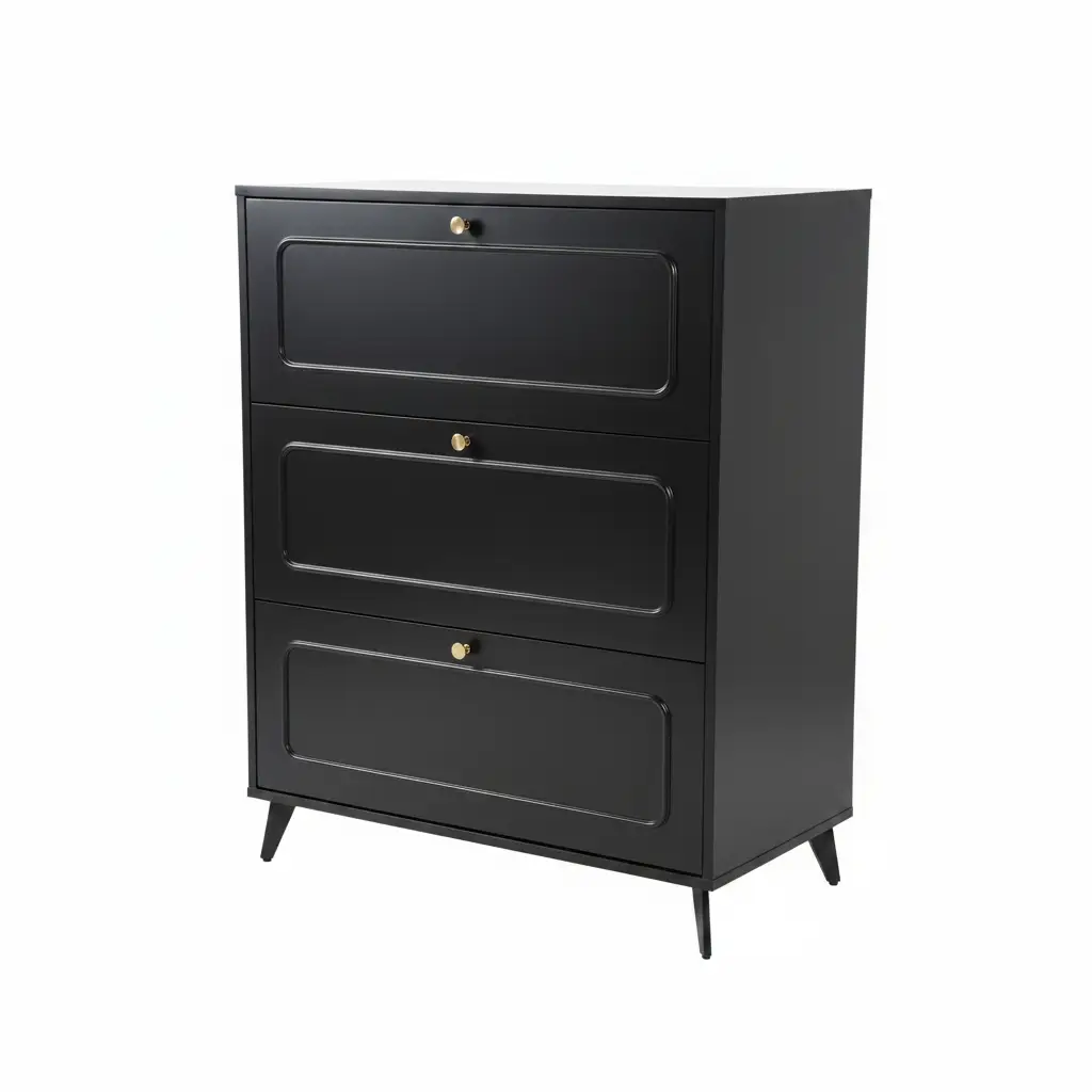 Shoe Cabinet - 3-Drawer Flip-Door with Rounded Corners and Gold Oval Handles Furniture Shoe Cabinets