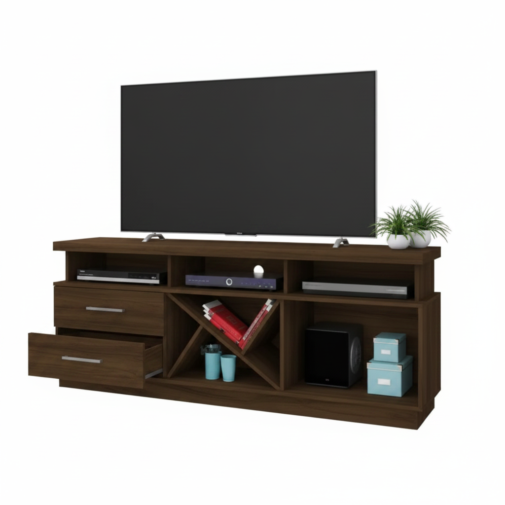 TV Stand - Walnut with Frame Shelf Drawer and Open Compartments Furniture Entertainment Centers & TV Stands