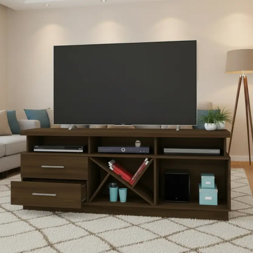 Walnut TV Stand With Left Door And Frame Shelf Drawer Open Compartments Furniture Entertainment Centers & TV Stands