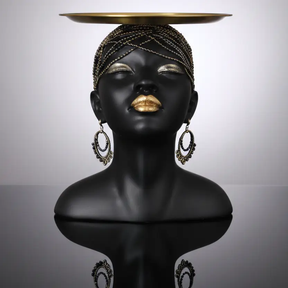 Decorative Sculpture - African Woman Bust with Gold Tray Key and Accessories Holder Home Decor Figurines