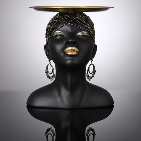 Decorative Sculpture - African Woman Bust with Gold Tray Key and Accessories Holder Home Decor Figurines