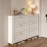 Shoe Cabinet - 6-Door Flip Bucket with Raised Panel Detail Gold Knobs and Open Bottom Rail Furniture Storage Cabinets & Lockers