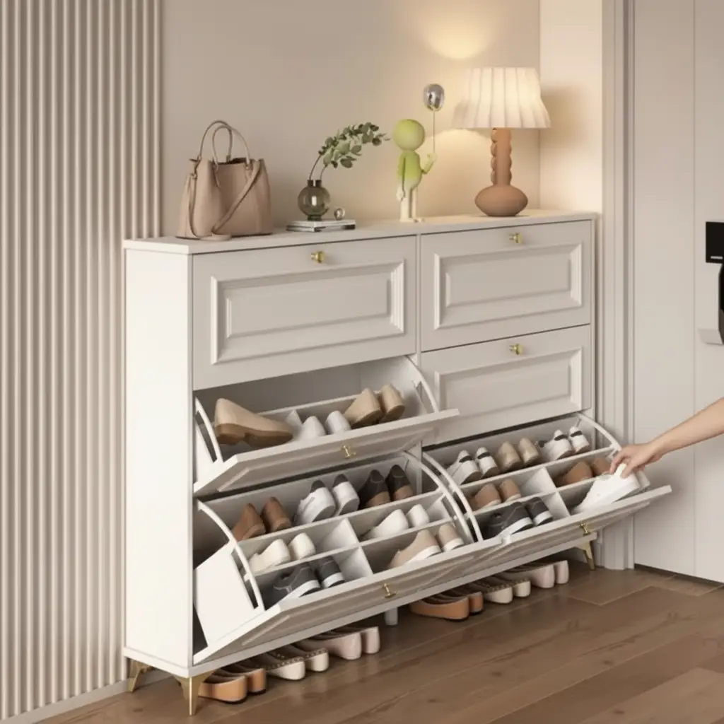 Shoe Cabinet - 6-Door Flip Bucket with Raised Panel Detail Gold Knobs and Open Bottom Rail Furniture Storage Cabinets & Lockers
