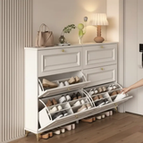 Shoe Cabinet - 6-Door Flip Bucket with Raised Panel Detail Gold Knobs and Open Bottom Rail Furniture Storage Cabinets & Lockers