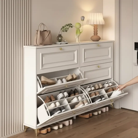 Shoe Cabinet - 6-Door Flip Bucket with Raised Panel Detail Gold Knobs and Open Bottom Rail Furniture Storage Cabinets & Lockers