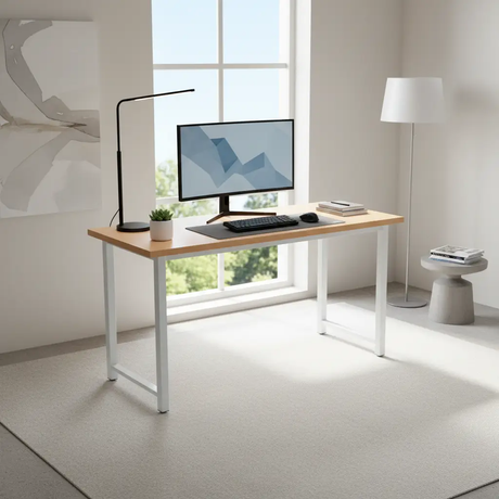 Modern Study Desk with Wood Top & White Metal Legs Study Desk Desks