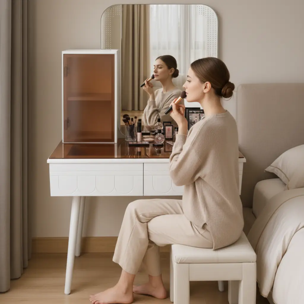 Flip-Top Dressing Table with Mirror & Side Cabinet Dressing Table Dressing Tables