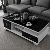 Gloss Black Floral Glass Coffee Table with Cabinet & Drawer Coffee Table Coffee Tables