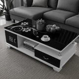 Gloss Black Floral Glass Coffee Table with Cabinet & Drawer Coffee Table Coffee Tables