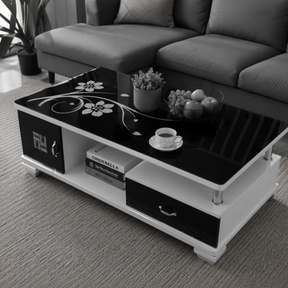 Gloss Black Floral Glass Coffee Table with Cabinet & Drawer Coffee Table Coffee Tables