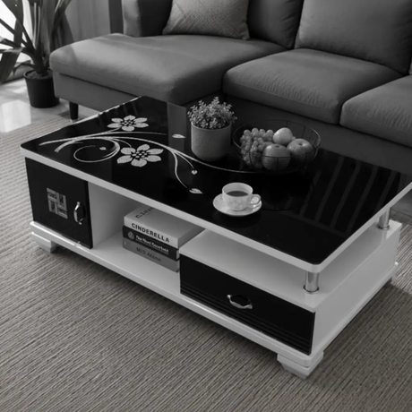 Gloss Black Floral Glass Coffee Table with Cabinet & Drawer Coffee Table Coffee Tables
