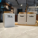 Ceramic Tea Coffee Sugar Canister Set - 3 Pcs with Bamboo Tray Kitchen Storage Food Storage Containers
