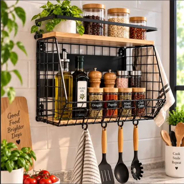 2-Tier Wall-Mount Kitchen Rack with Basket & Hooks Kitchen Storage Kitchen Organizers