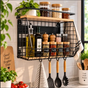 2-Tier Wall-Mount Kitchen Rack with Basket & Hooks Kitchen Storage Kitchen Organizers