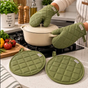 Quilted Cotton Oven Glove & Pot Holder Set Kitchen Linen Pot Holders