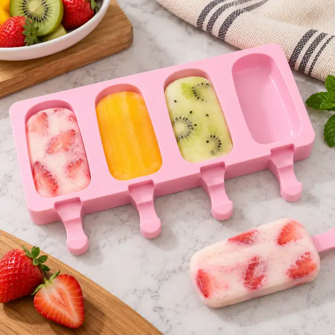 Silicone Popsicle Mould with Lid - 4 Cavity Bakeware Ice Pop Molds